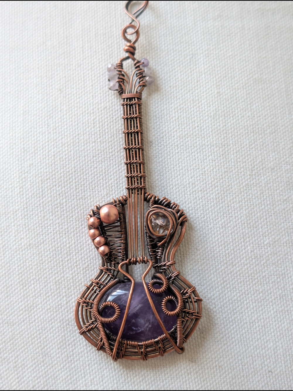 Handmade Copper Wire Guitar Pendant with Amethyst Accent
